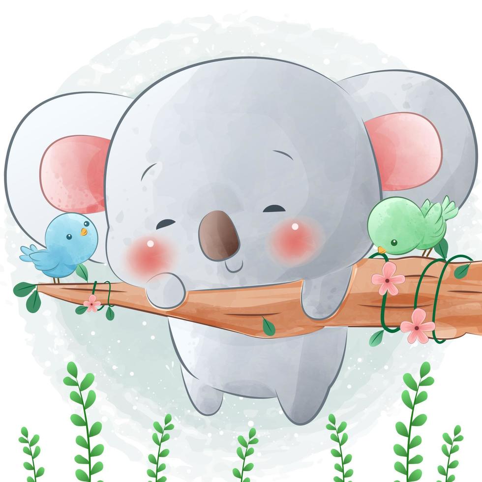 Cute koala Climbing Tree with bird Illustrations vector