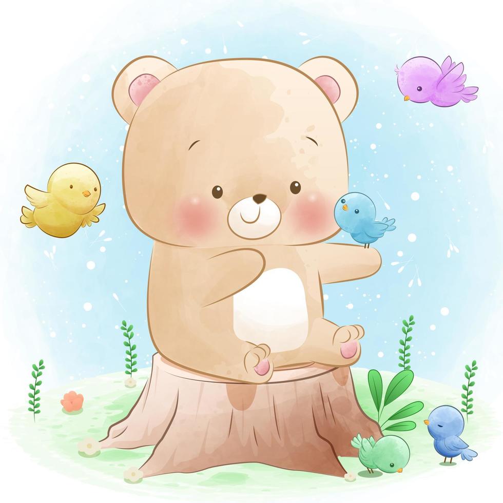 Cute Little Bear Playing With Birds vector