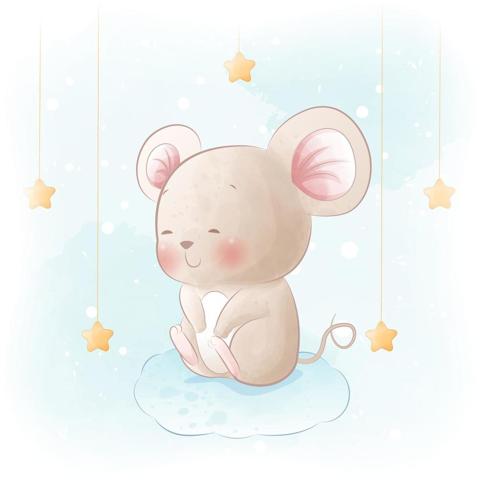 Cute mouse sitting on the cloud watercolor illustration vector