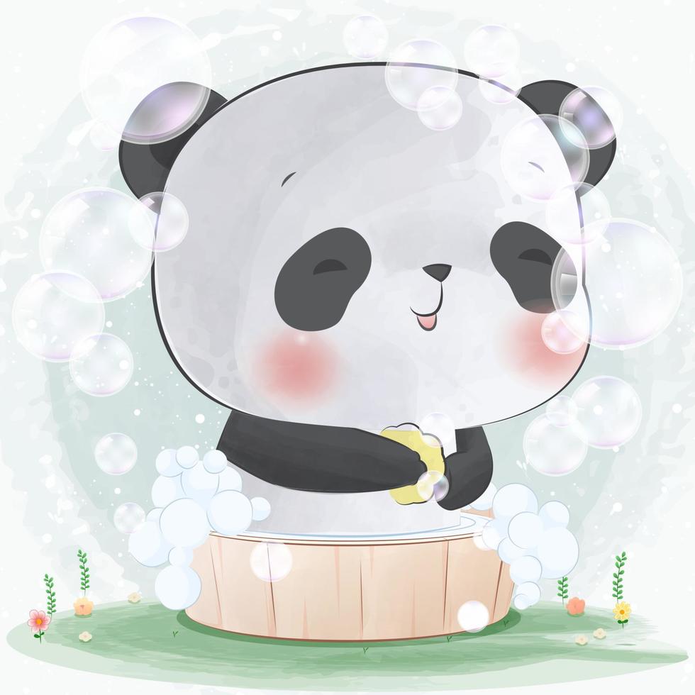 cute panda having a soapy bath vector