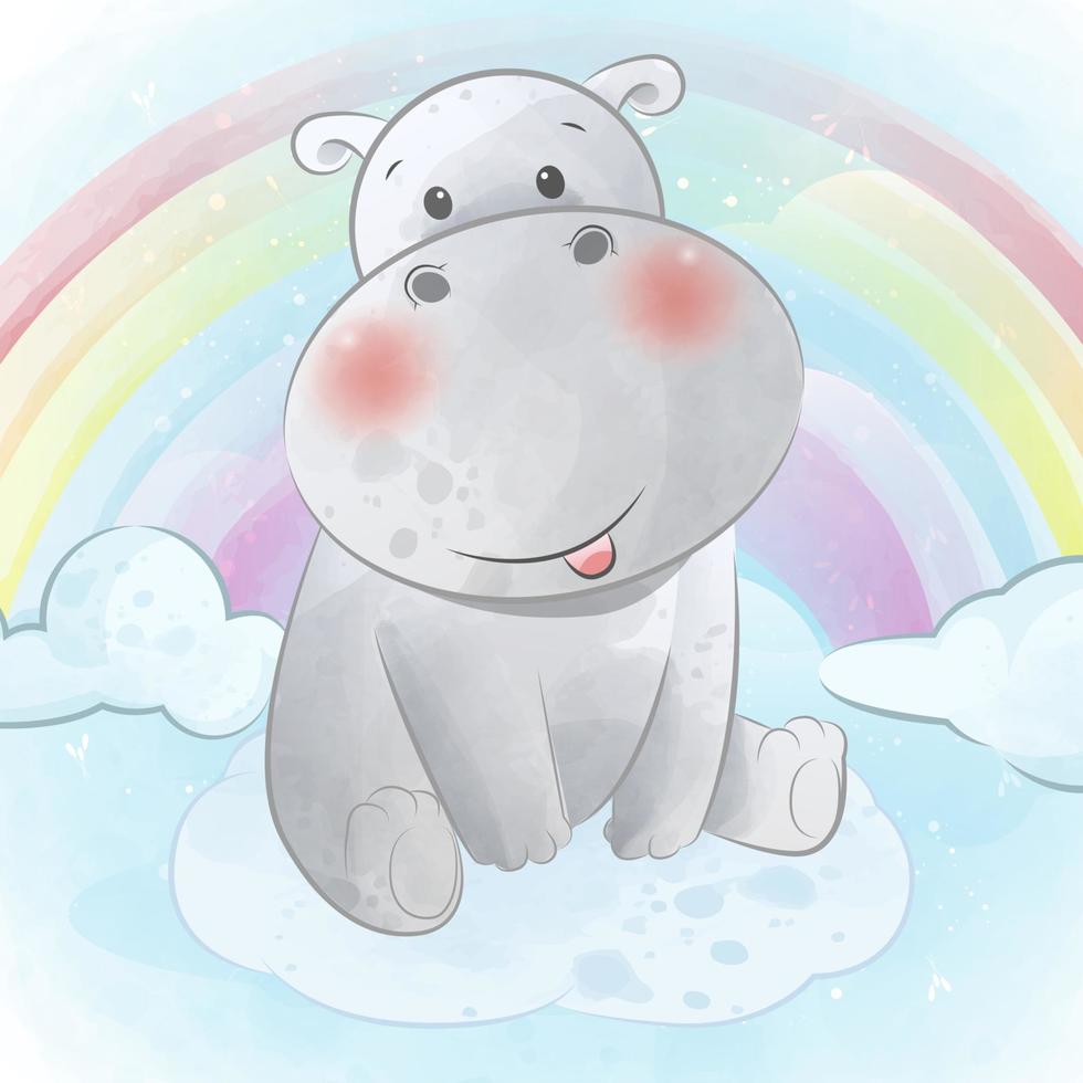 Happy Cute hippo with rainbow background vector