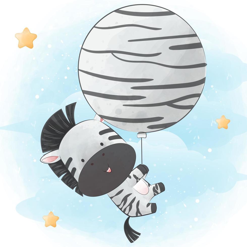 Little zebra flying with balloon vector