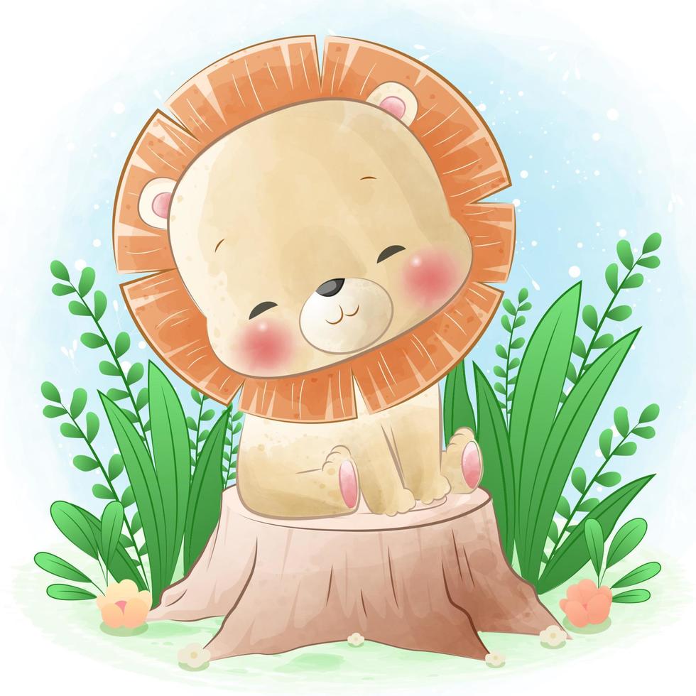 happy cute lion sitting on tree stump with green plants vector