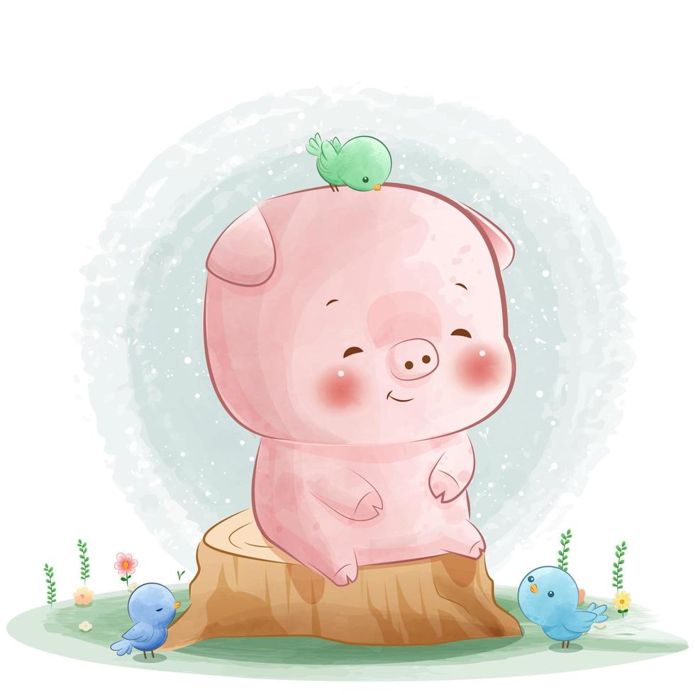 Little cute pig in boots with liitle bird vector