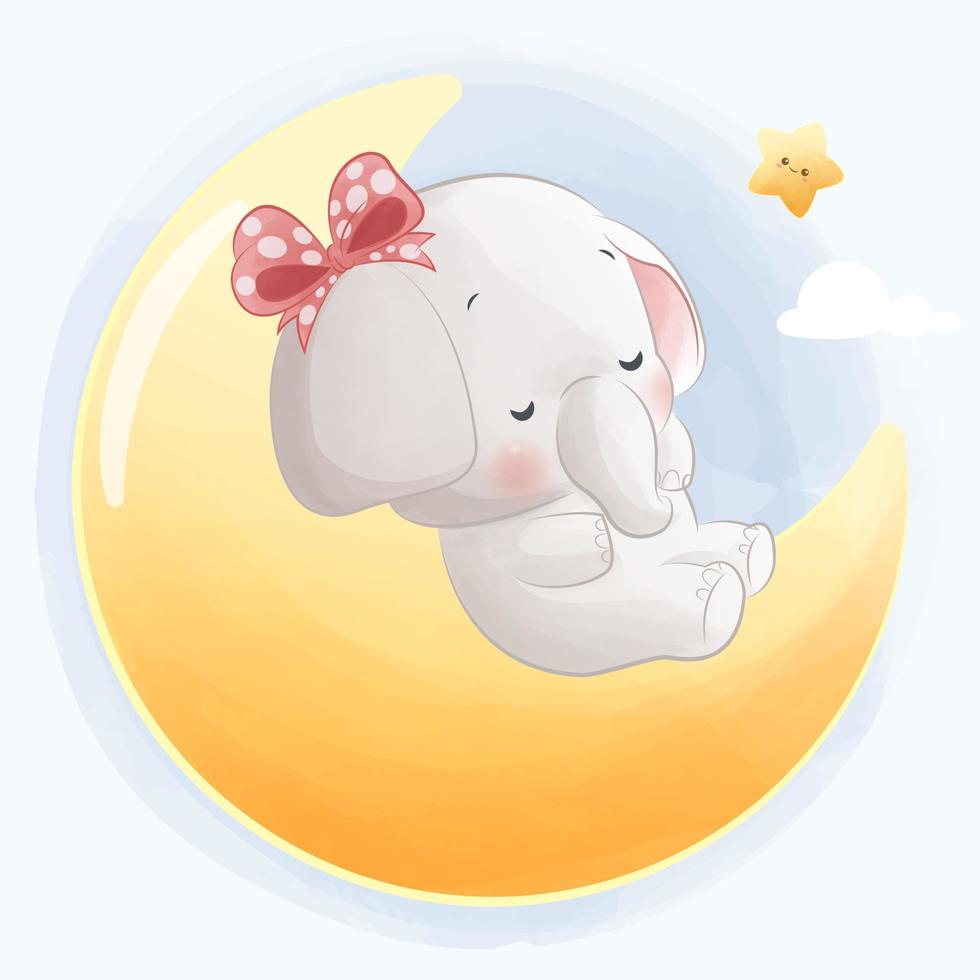 lindo bebé elefante durmiendo en la luna vector