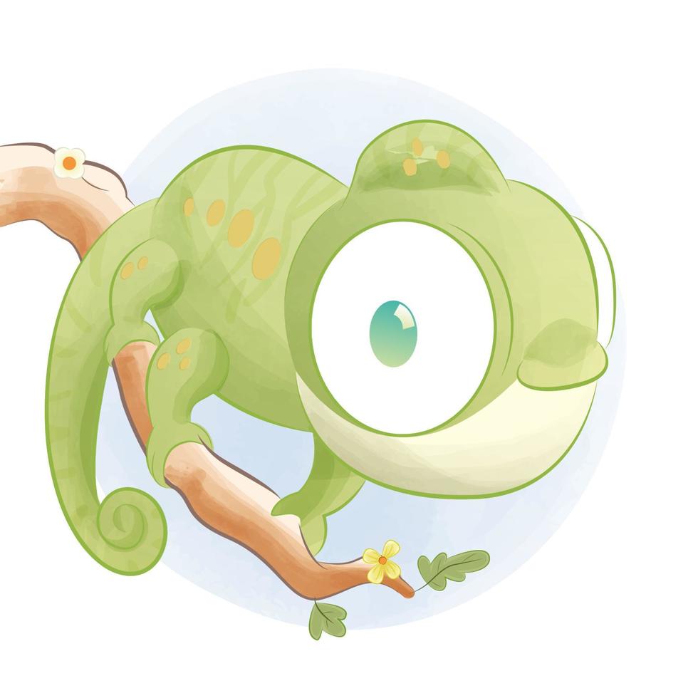 Cute baby chameleon sitting on branch watercolor illustration vector
