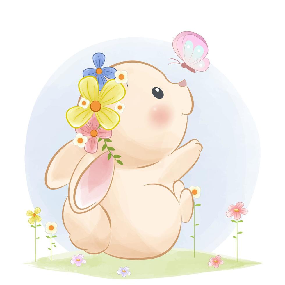 Happy bunny playing with a butterfly, animal cartoon illustration vector