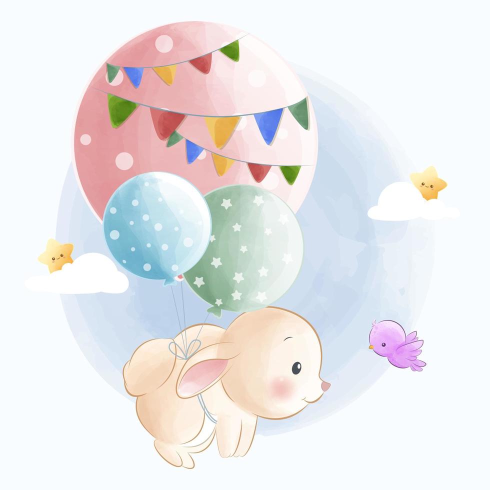 Cartoon vector illustration Cute baby rabbit flying with balloons