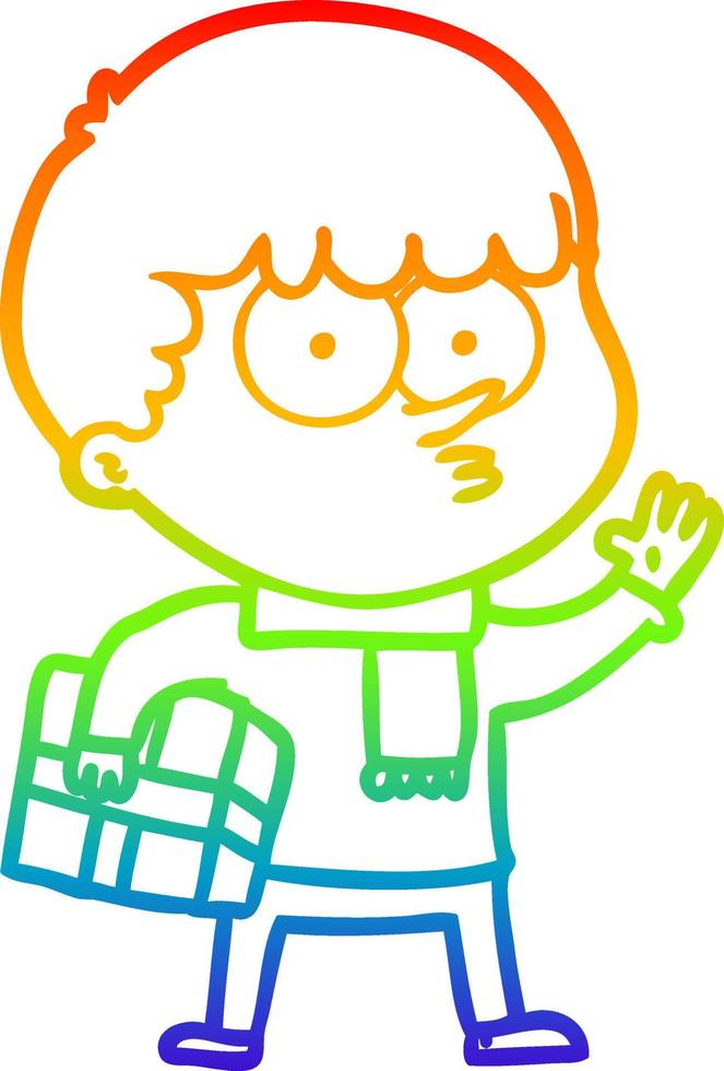rainbow gradient line drawing cartoon curious boy carrying a gift vector