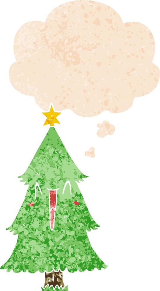 cartoon christmas tree and thought bubble in retro textured style vector