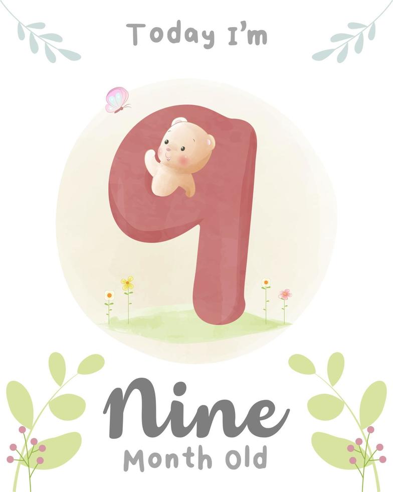 lindo oso bebé, tarjetas de hitos de baby shower de 10 meses de edad vector