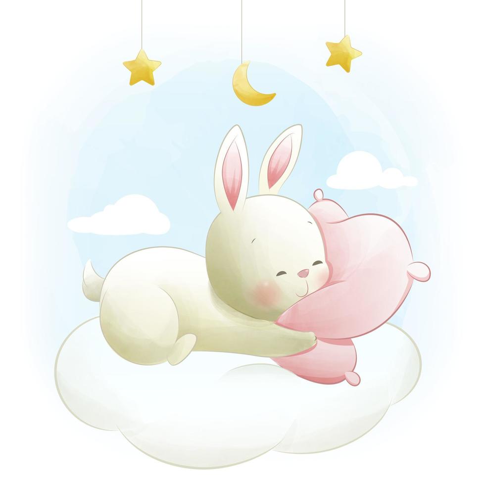 conejito bebé abrazando almohada durmiendo en nube acuarela ilustración vector