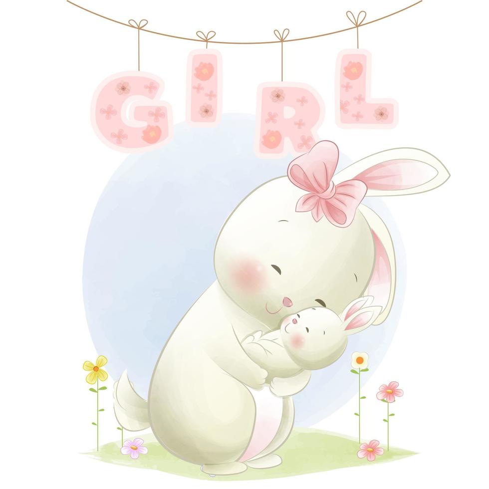 Cute hares mom and baby rabbit girl milestone card vector