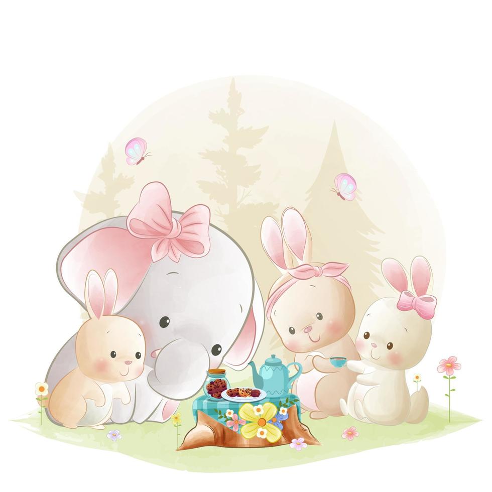 Cute baby animal, little elephant and bunnies tea party illustration woodland friends having a picnic vector