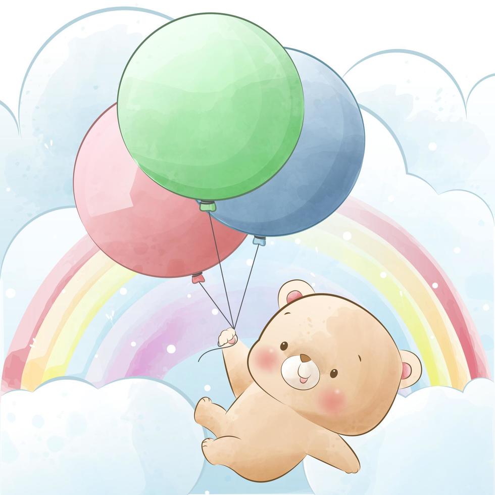 Happy little bear flying with balloons vector
