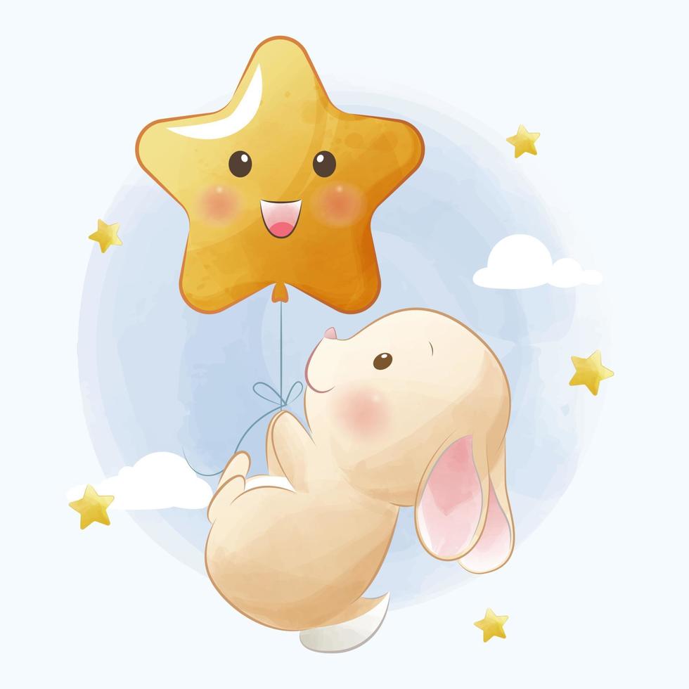Cute bunny is flying a balloon in the sky among the stars vector