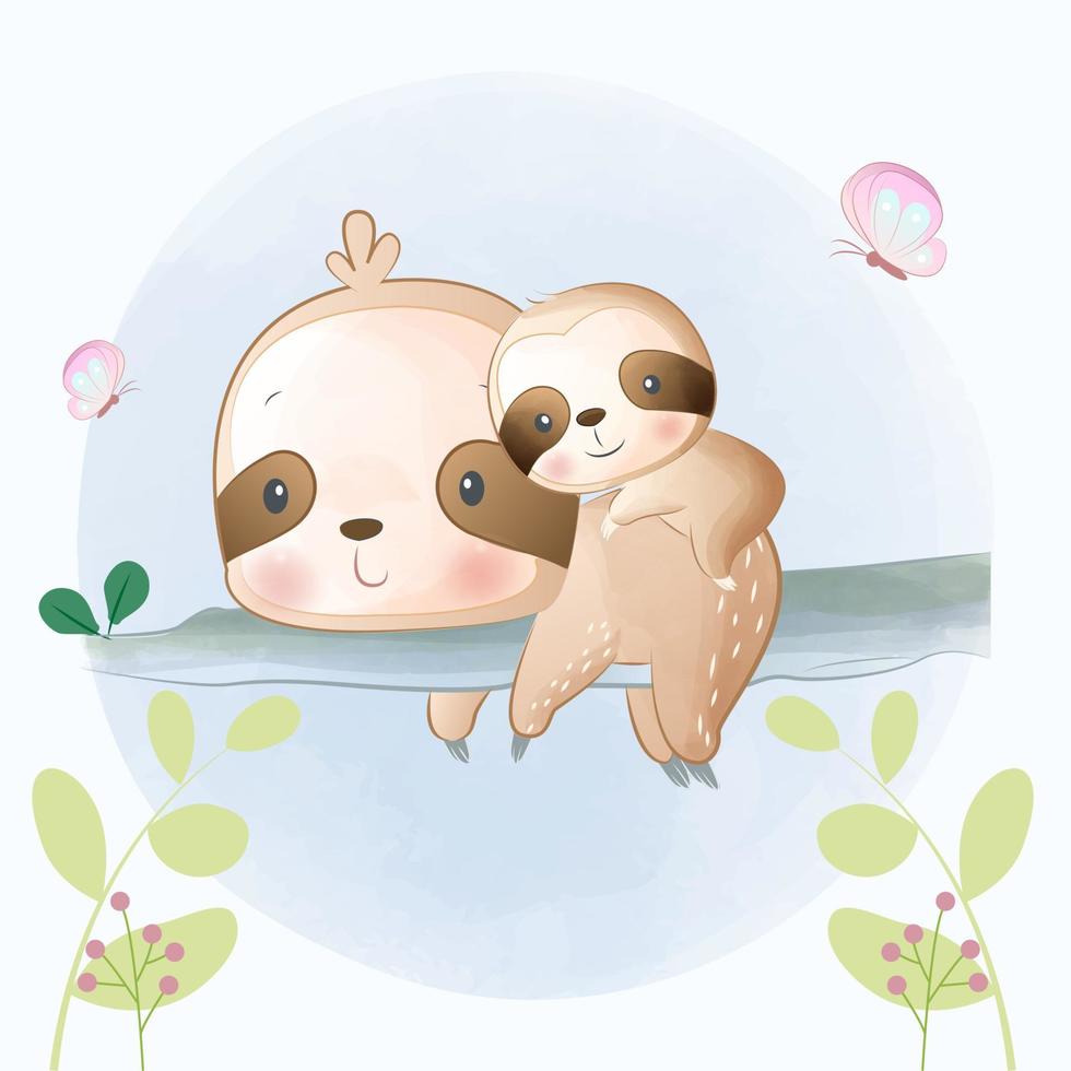 Cute mother sloth and baby hanging on the tree vector