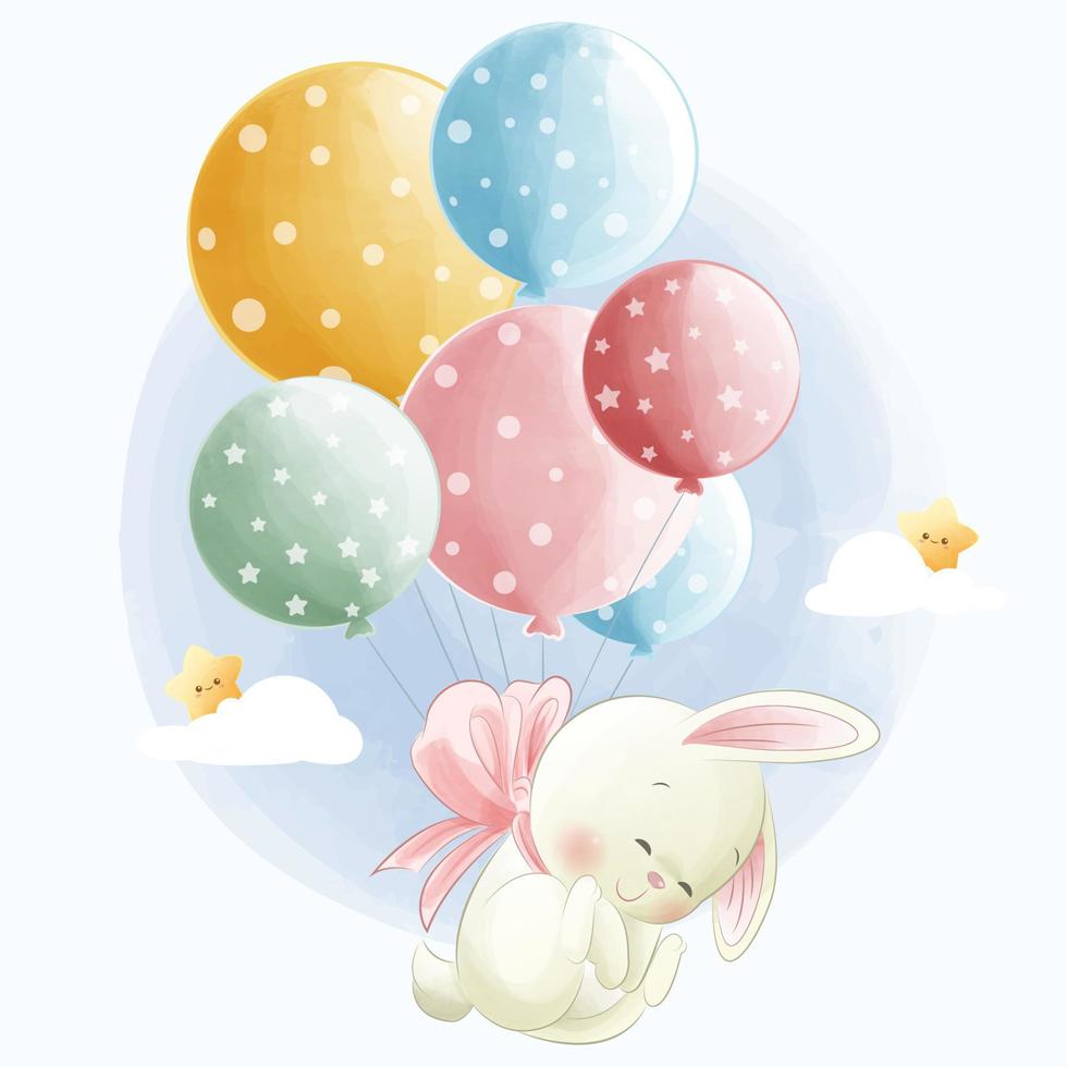 Cartoon vector illustration Cute bunny flying with balloons