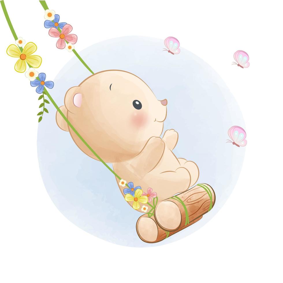 Little bear on a swing watercolor illustration vector