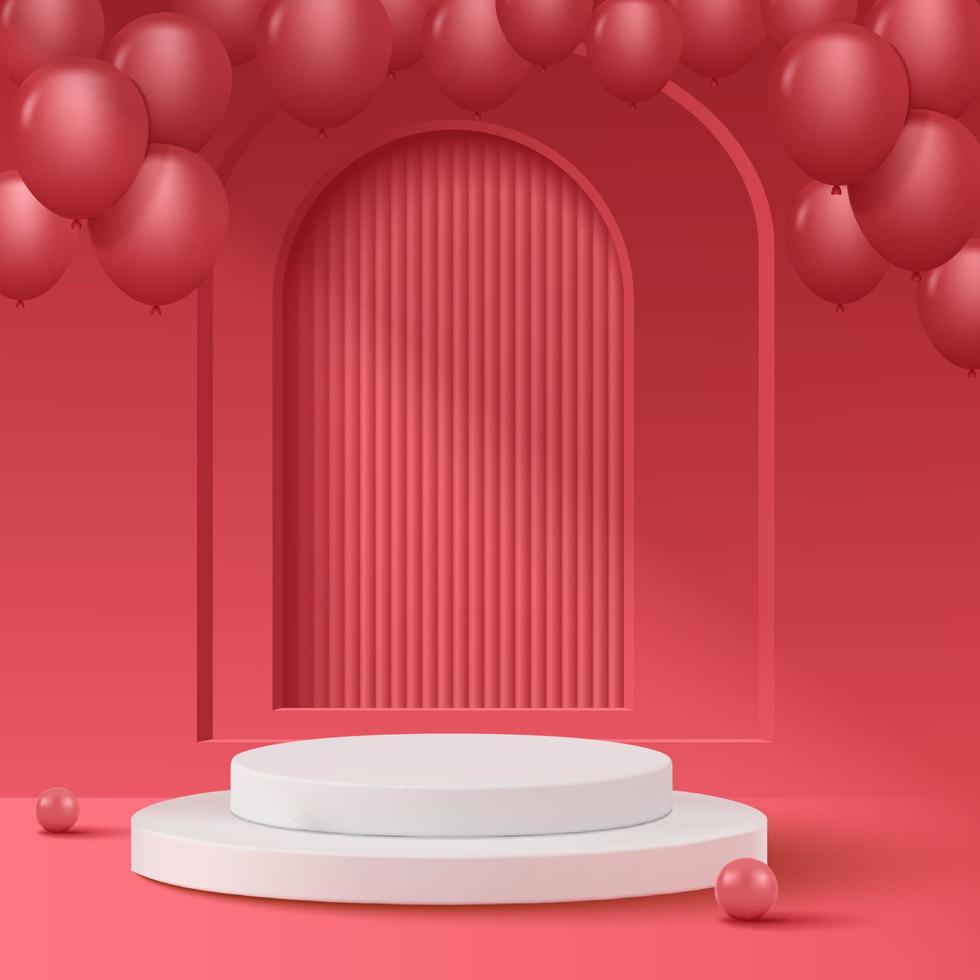 3D podium on redbackground with spheres. Perfect for beuty products demonstration vector