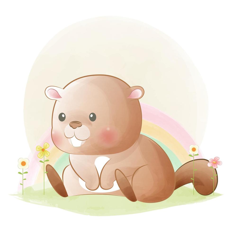 Cute funny sitting baby beaver adorable animal character vector