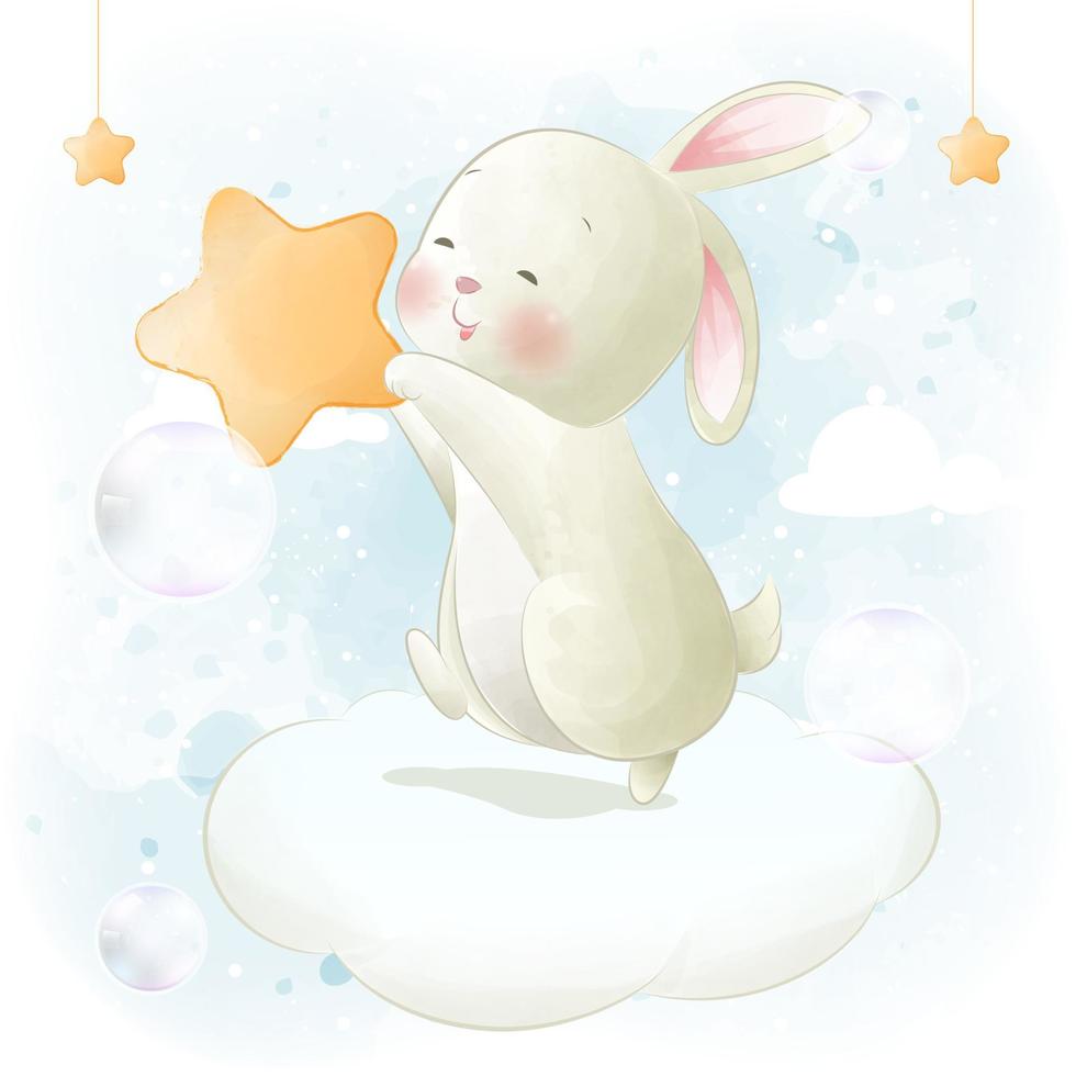 Cute cartoon white rabbit holds a star vector
