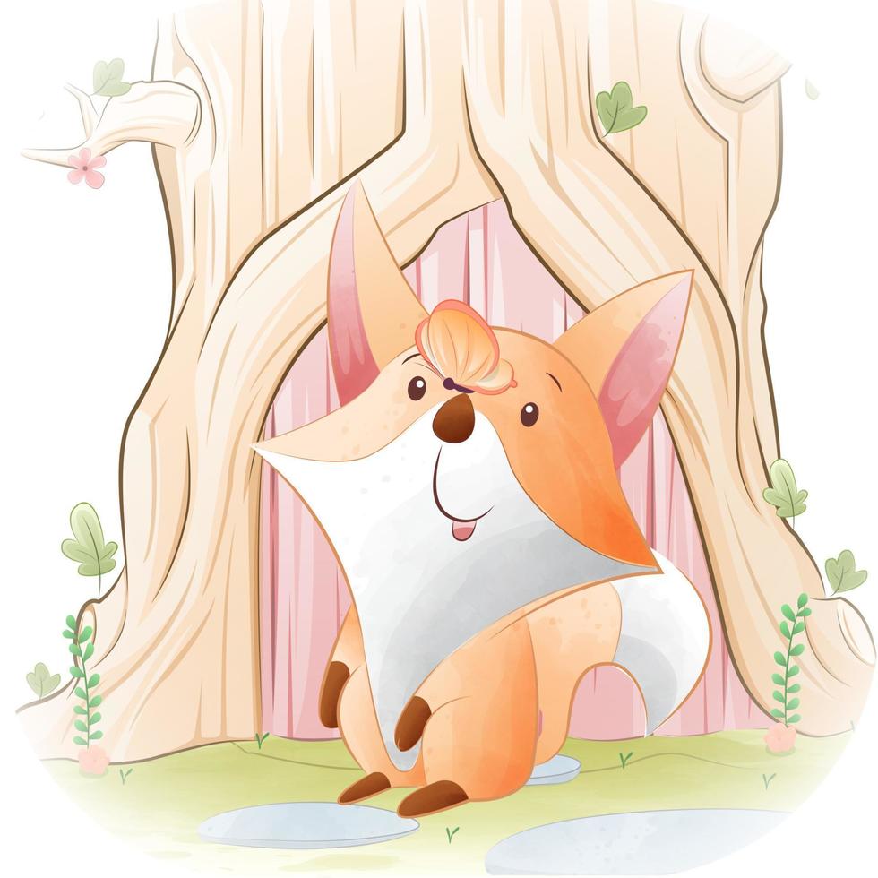 Cute little fox playing with butterfly vector