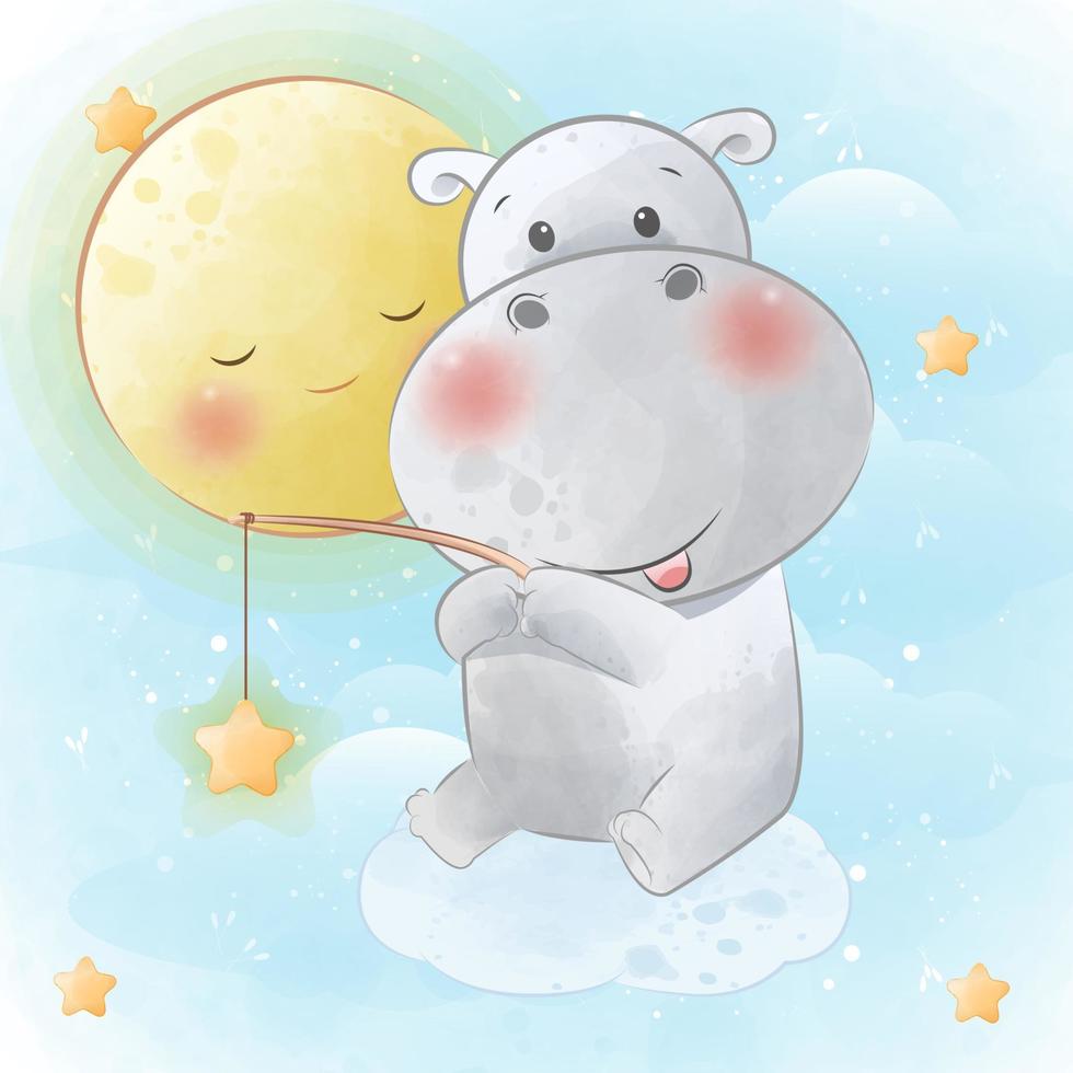 Cute hippo sit on the clouds fishing star vector