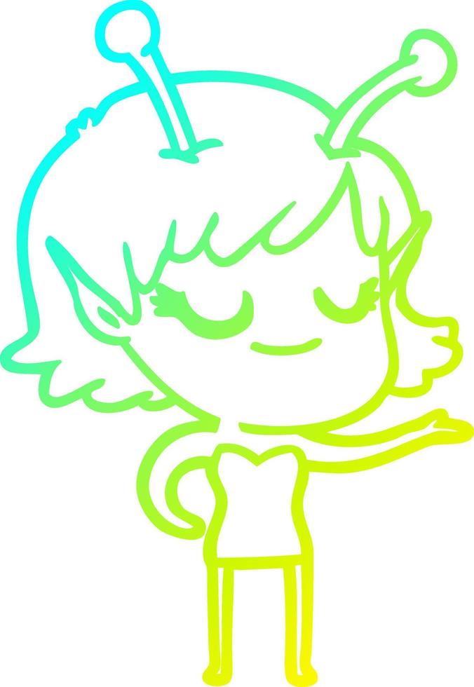 cold gradient line drawing smiling alien girl cartoon vector