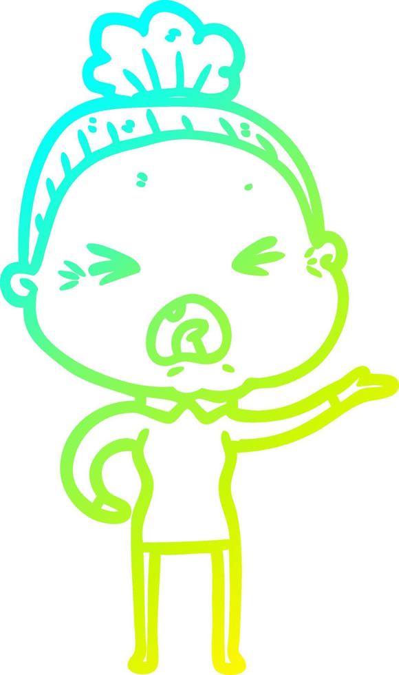 cold gradient line drawing cartoon angry old woman vector