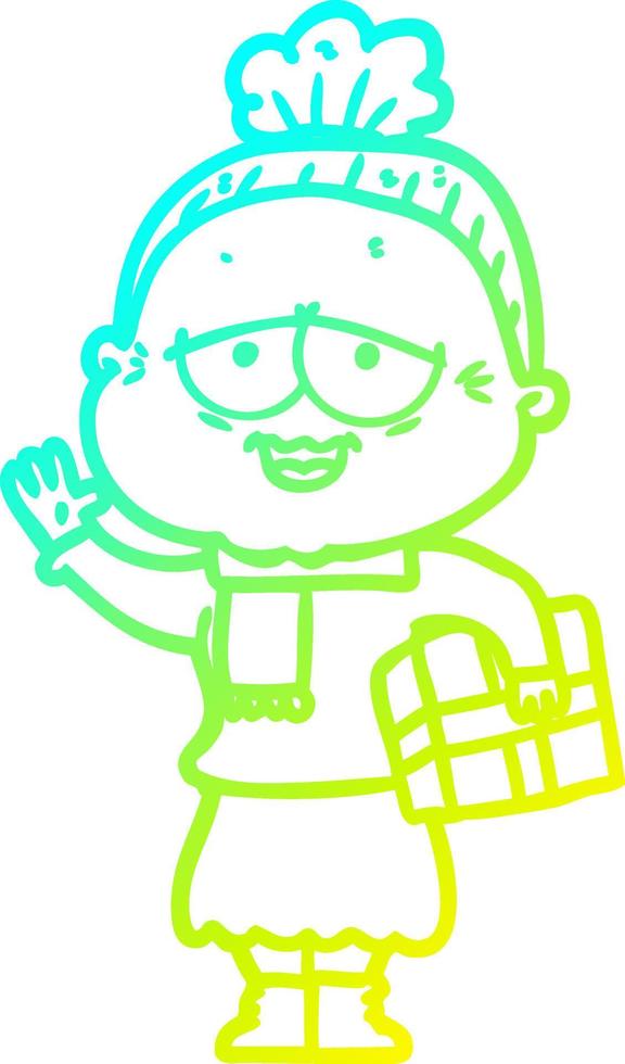 cold gradient line drawing cartoon happy old lady vector
