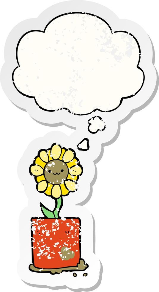 cute cartoon flower and thought bubble as a distressed worn sticker vector