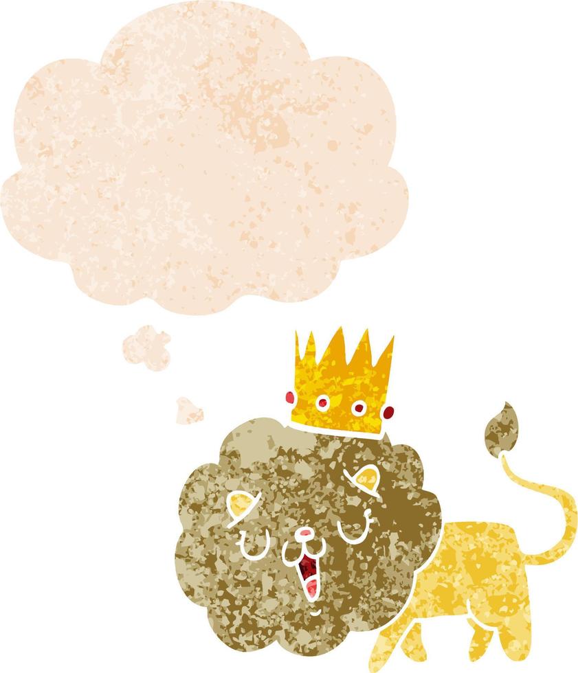 cartoon lion with crown and thought bubble in retro textured style vector