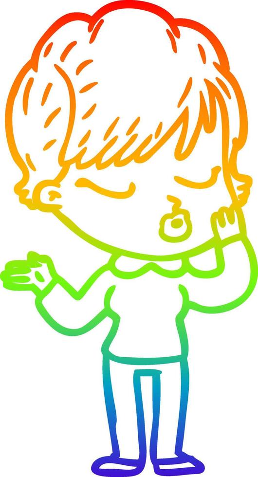 rainbow gradient line drawing cartoon woman with eyes shut vector