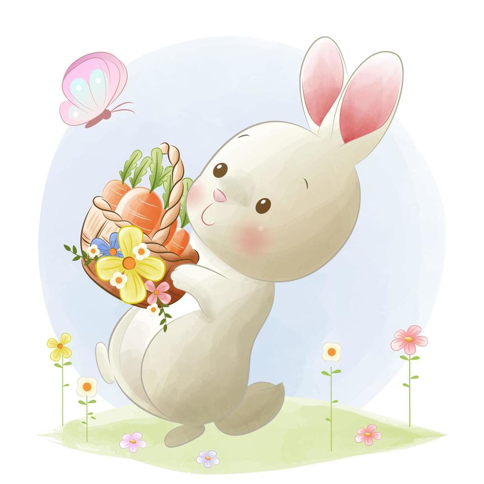 Cute bunny holding a basket of carrot vector