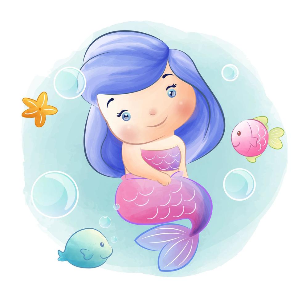 Cute mermaid girl watercolor illustration vector