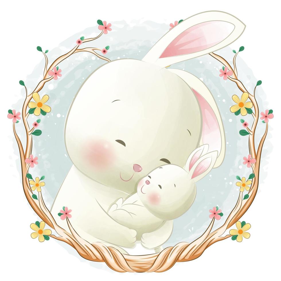 Adorable  hares mom and kid with hugs illustration vector