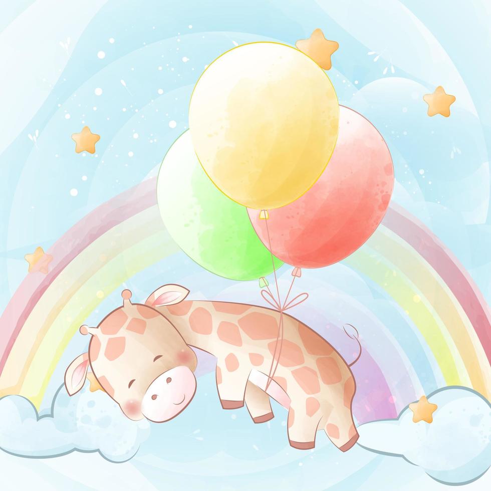 cartoon giraffe with colorful balloons illustration vector