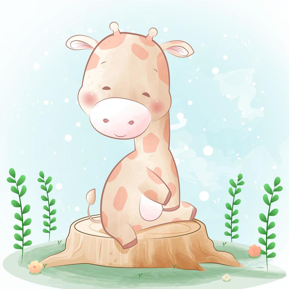 Cute Giraffe sitting on tree stump trunk illustration vector