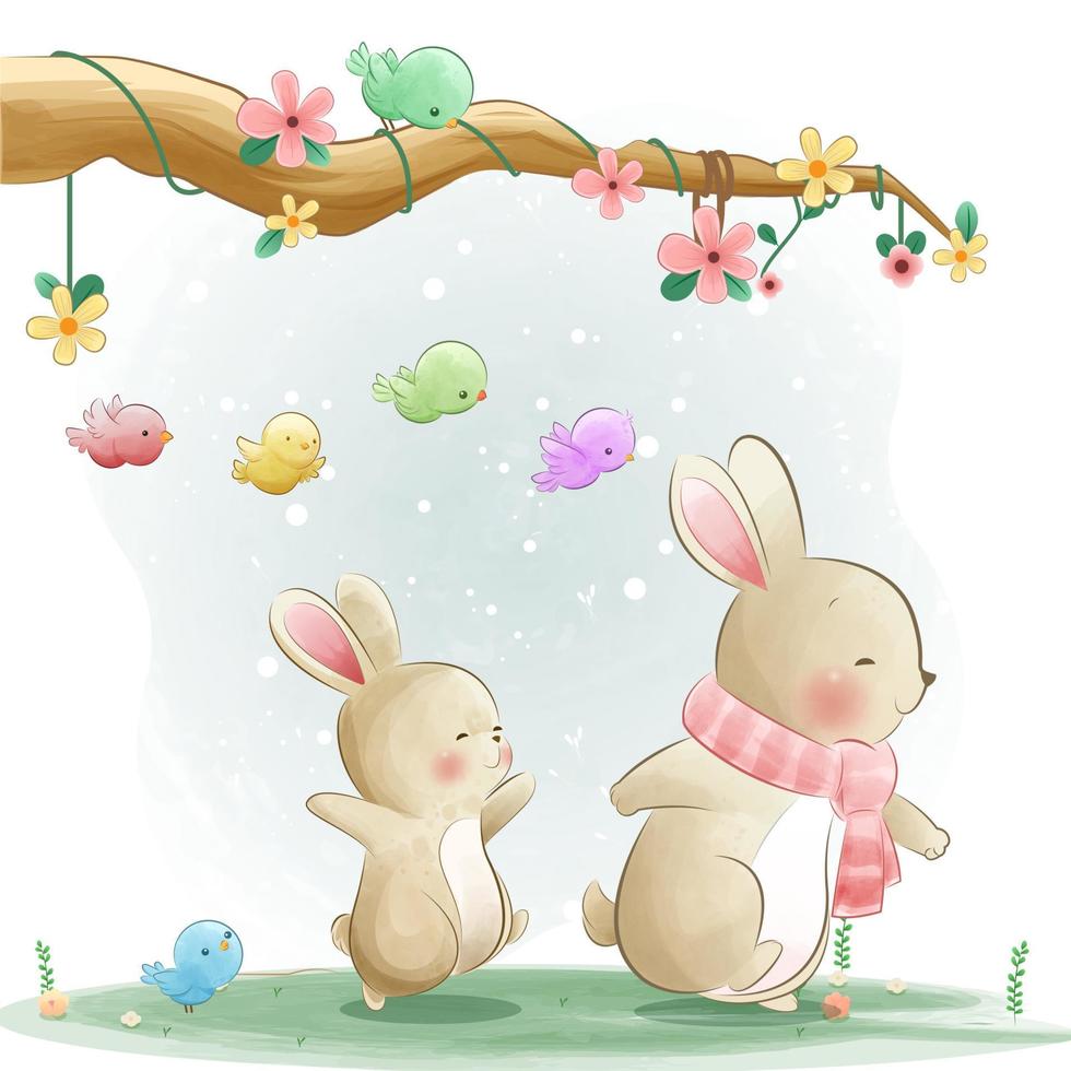 bunny rabits and brids cartoon illustration vector