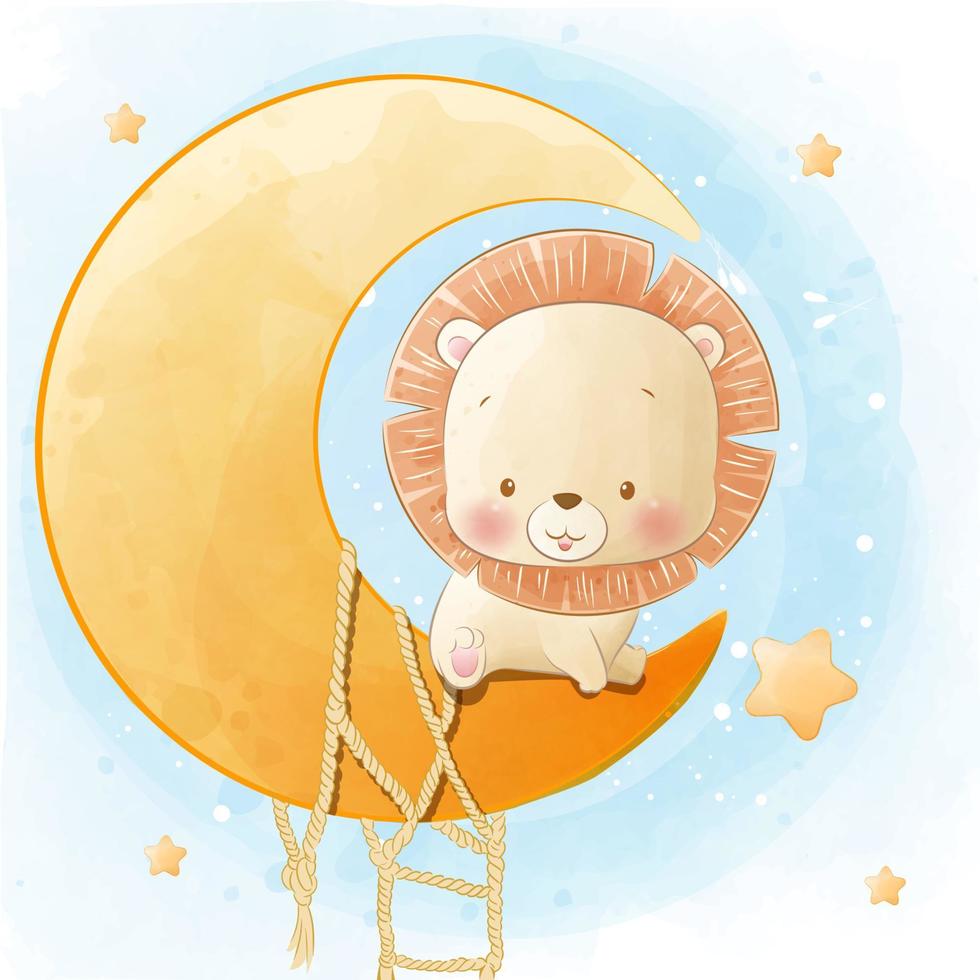 lindo pequeño león sentado en la luna y la estrella ilustración de dibujos animados de acuarela vector