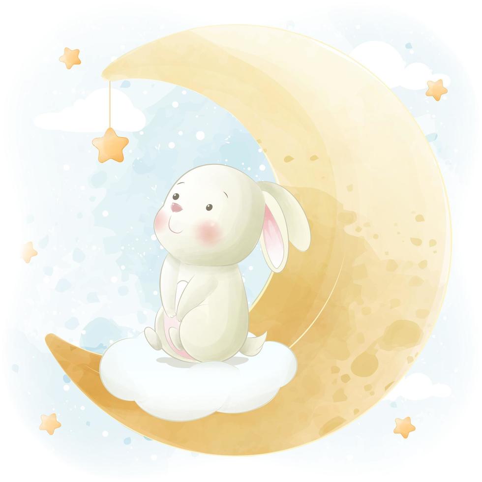 lindo conejito sentado en la nube con el personaje de la ducha de bebé estrella vector