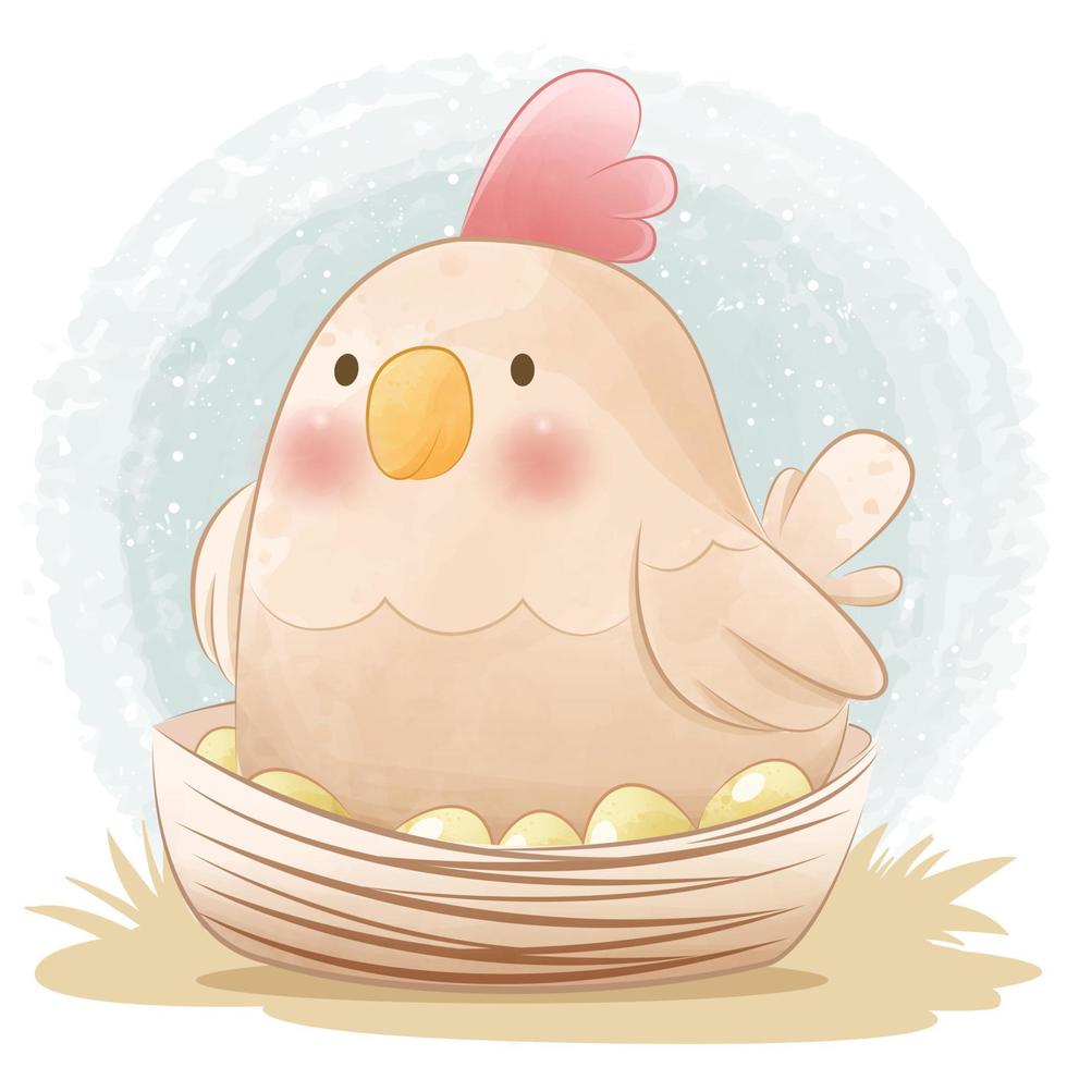 happy hen character with eggs in the nest for farming vector