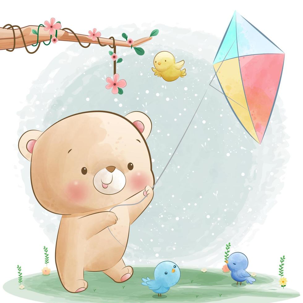 Happy little bear playing kites at the park vector