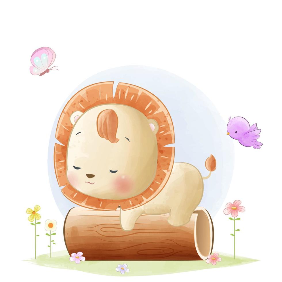 Cute lion sleeping on the tree branch animal illustration vector