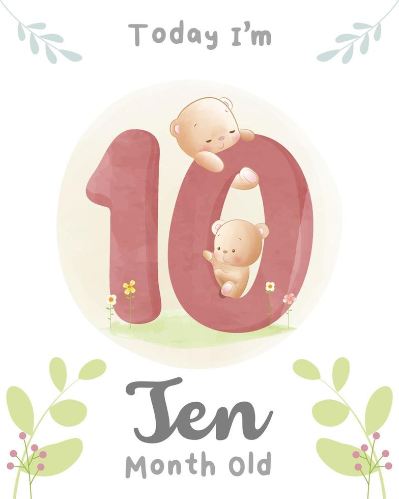 lindo oso bebé, tarjetas de hitos de baby shower de 10 meses de edad vector