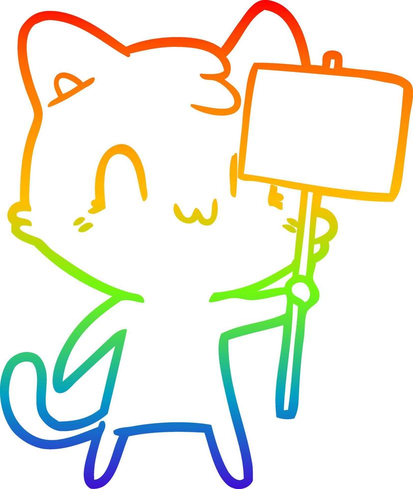 rainbow gradient line drawing cartoon happy cat with blank sign vector