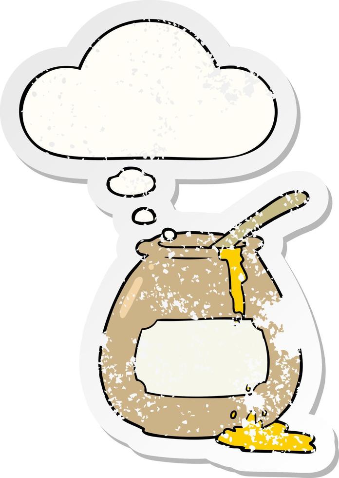 cartoon honey pot and thought bubble as a distressed worn sticker vector