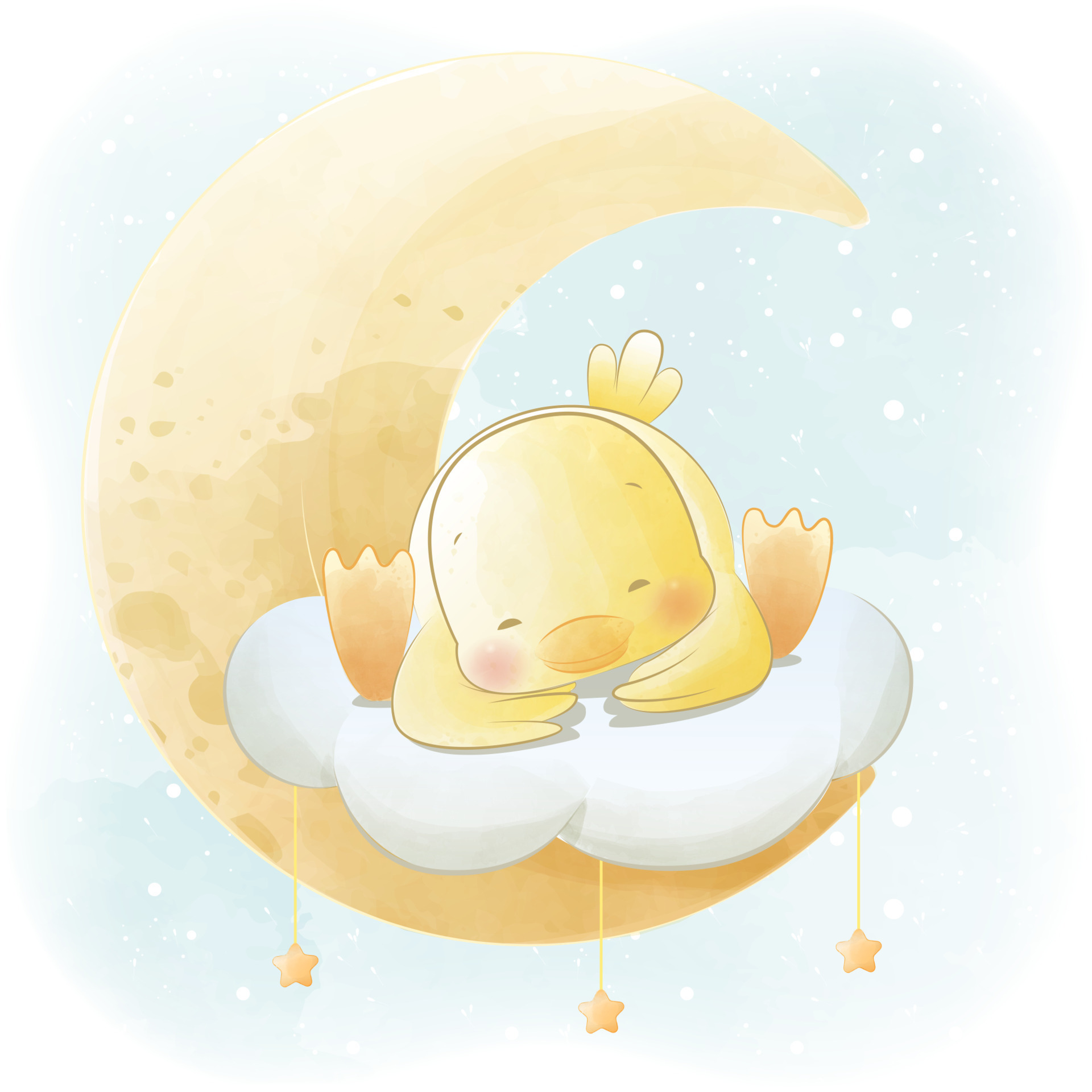 Cute baby duck sleeping on the moon cartoon animal watercolor