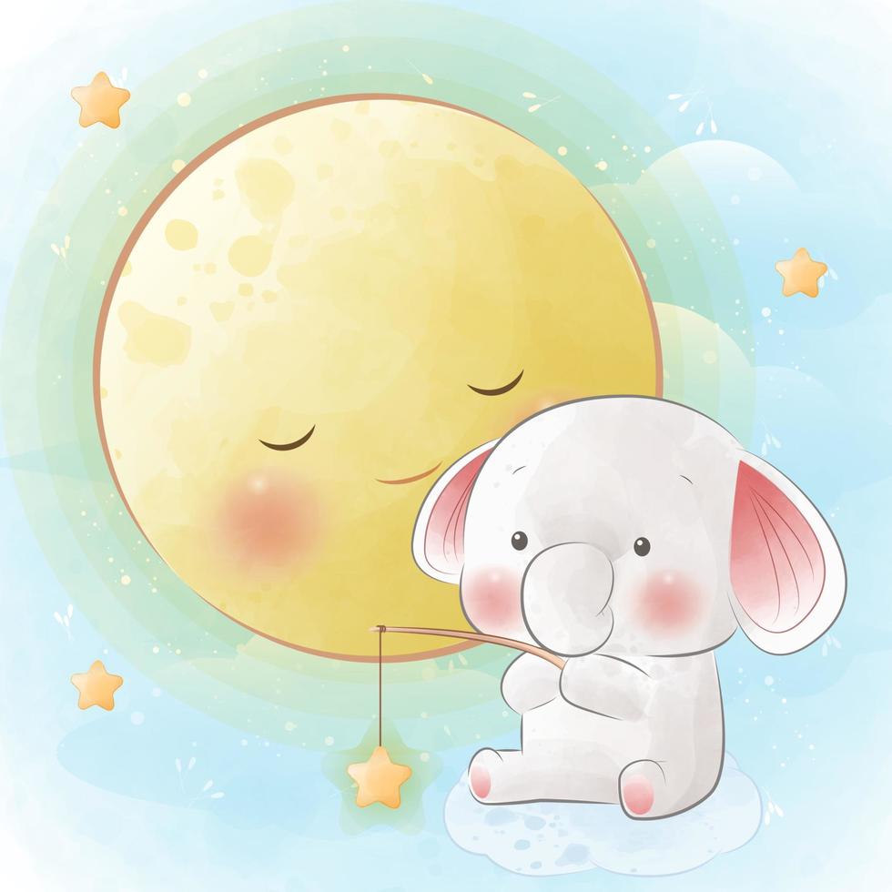 Cute little elephant sit on the clouds fishing star vector